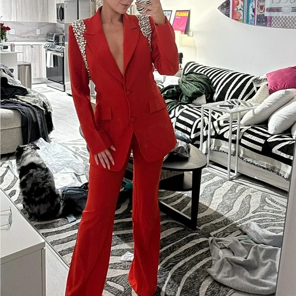 Claire Embellished Blazer Pant Suit Set - Red - Picture 7 of 7